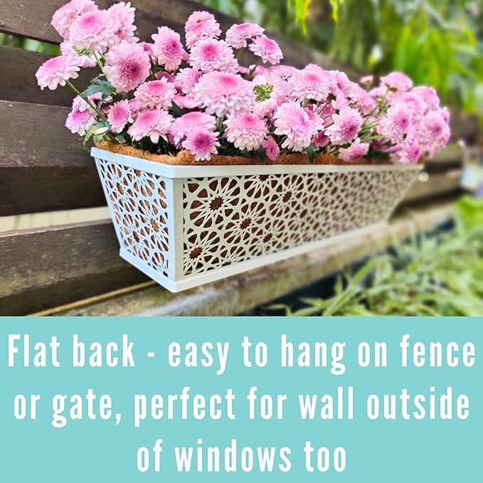 LaLaGreen Window Boxes Planters for Outdoor Plants (2 Pack, 24 Inch) Rectangular Fence Hanging White Metal Deck Railing Flower Box with Coco Liner Modern Horse Troughs Balcony Patio Porch Rail Decor