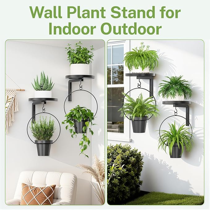 iDavosic.ly Wall Plant Holder Set of 2 for Outdoor with 2 Hanging Planters, Metal Hanger with 2 Hooks, Floating Flower Display Stand for Window, Space Saving & Easy to Assemble