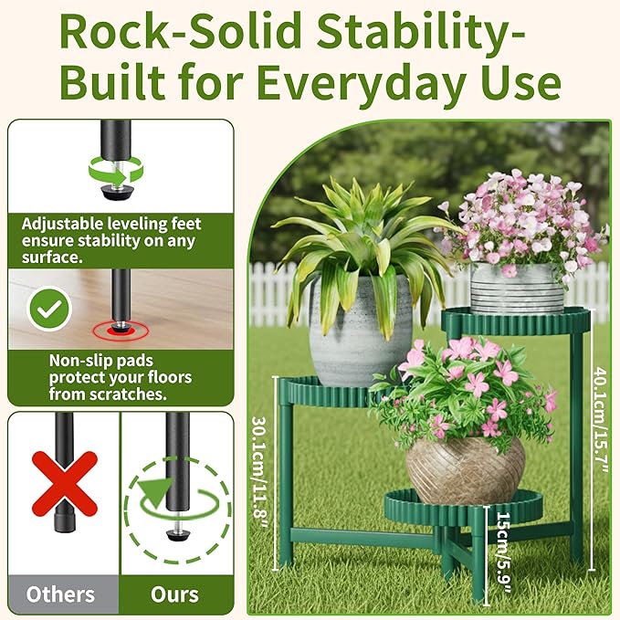Plant Stand Indoor Outdoor, 3 Tier Corner Metal Flower Display Holder Shelf, Folding Tall Plant Rack for House Patio Balcony Porch Living Room, Heavy Duty Anti-Rust Wrought Iron - GreenFloroma