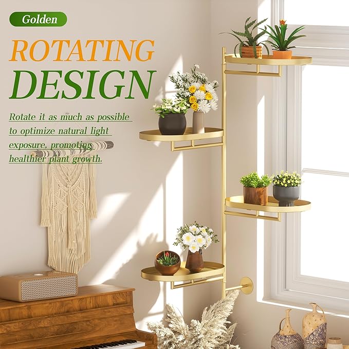 YQSLYSF Window Rotating Plant Stand Shelf Indoor Gold Metal Floating Shelves 4-Tier Wall Mount Plant hanger Holders for Wall Planter Modern Home Decor window sill gifts