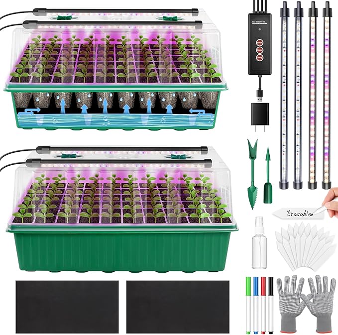 120 Cell Seed Starter Trays Self Watering with LED Grow Light – 2 Pack 60 Cells Seed Starting Kit with Humidity Domes, Tools & Labels for Indoor Gardening