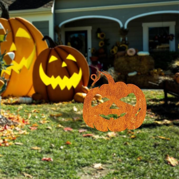 Halloween Garden Stake Rusty Funny Pumpkin Pattern Halloween Party Yard Metal Decor Gifts for Day of The Dead, Rusty