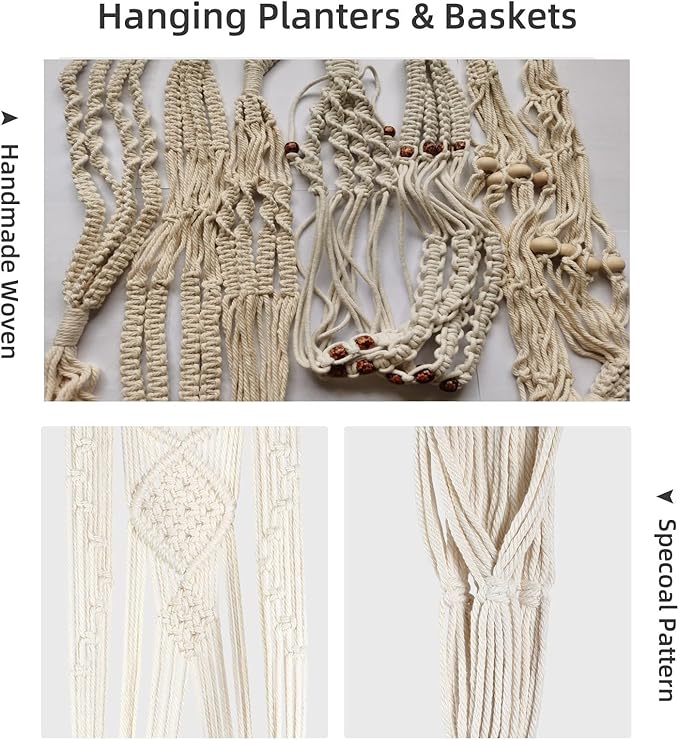PEN&H Wall Macrame Plant Hanger Set of 5, Handmade Cotton Rope Planters Flowers Hanger, Bohemian Style Hanging Plants Holder for Indoor Outdoor Decoration Creamy White (POTS NOT Included)