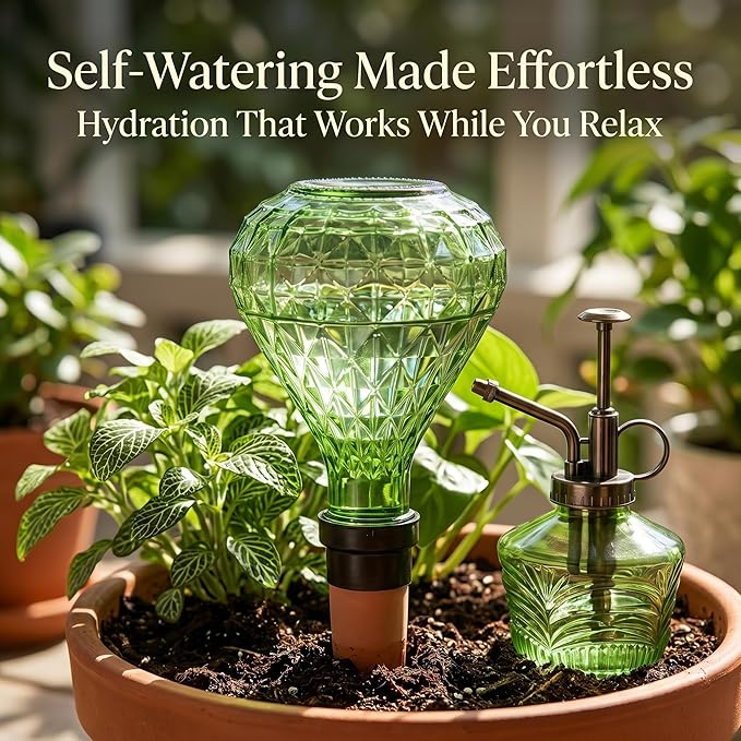 Glass Mini Watering Can Vintage Plant Mister Flower Water Spray Bottle and Faceted Glass Plant Watering Globe with Terracotta Spike, Plant Watering Gift Set,Green