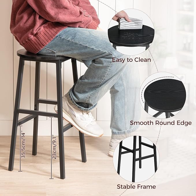 MAHANCRIS Bar Stools, Set of 2 Round Bar Chairs with Footrest, 24.4 Inch Kitchen Breakfast Bar Stools, Industrial Bar Stools, Easy Assembly, for Dining Room, Kitchen, Black BAHB0201