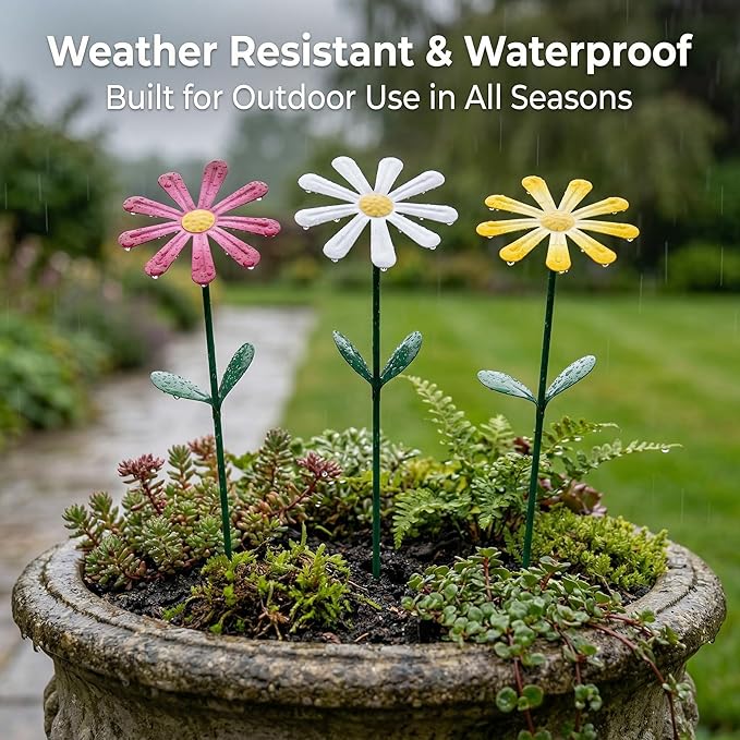 Topadorn Flower Garden Stake Decor, Outdoor Plant Pick Water Proof Metal Sunflower Daisy Stick for Lawn Yard Patio, Pathway Ornament, Set of 3