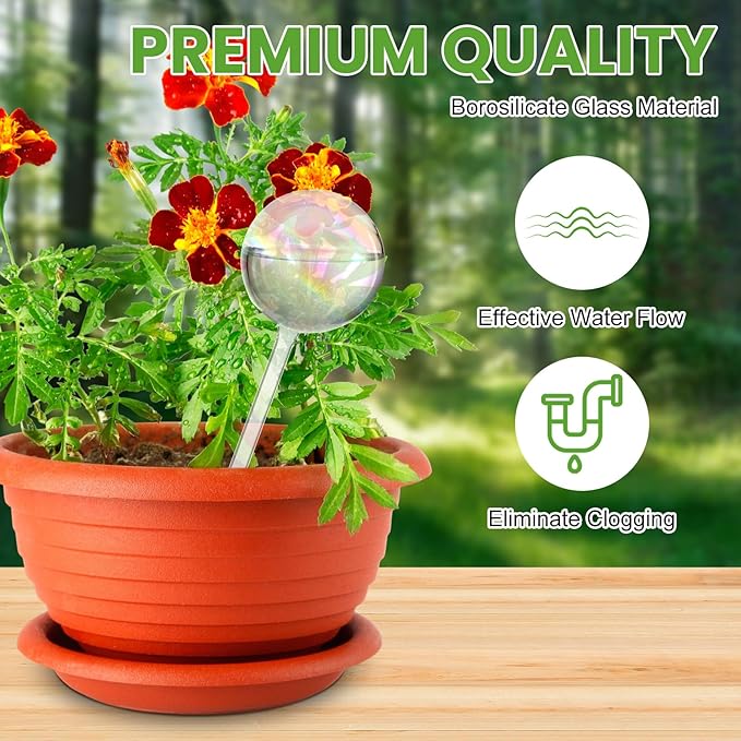 6 Pcs Iridescent Self Watering Globes Glass Rainbow Plant Self Watering Globes Planter Insert Large Automatic Plant Waterer Bulbs for Planter Indoor Outdoor Garden, 16oz, 13oz, 10oz