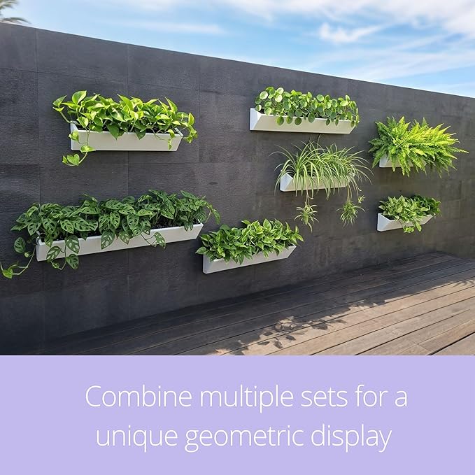 LaLaGreen Wall Planters for Outdoor Plants (24 Inch, 2 Pack) Geometric Carbon Steel Wall Mounted Planters for Succulents, Triangle White Metal Hanging Flower Pots Modern Vertical Garden Home Decor