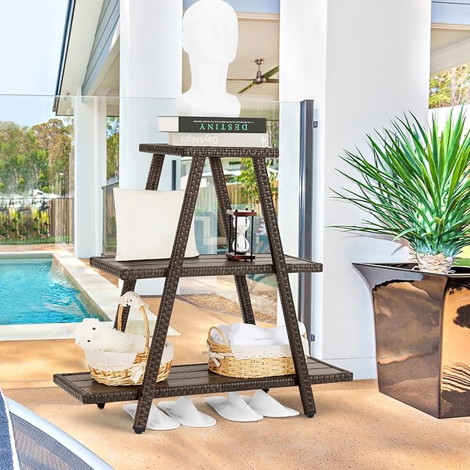 Outdoor Plant Stand for Patio 3 Tier Plant Stand Shelf with Wicker Poly Lumber Flower Stand Holder Tiered Multi Ladders Plant Holder Display Rack with Adjustable Feet for Outside Balcony Porch Brown