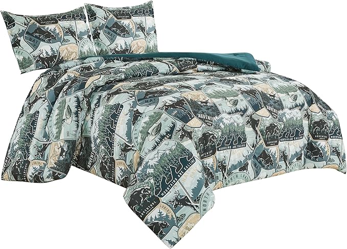 Chezmoi Collection Bishop 2-Piece North Lake Motif Comforter Set - Multicolor Blue Green Brown Black Printed Washed Cabin Lodge Microfiber Bedding, Twin