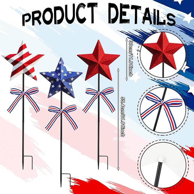 Amyhill 3 Pcs 4th of July Outdoor Decor Patriotic Star Metal Garden Stakes Memorial Day Welcome Yard Signs Red White Blue Decorations Garden Stakes for 250th Anniversary Patio Lawn Walkway Outside