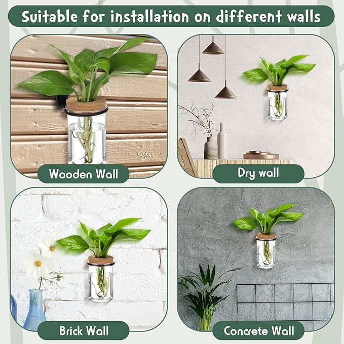 Baderke 12 Set Wall Plant Holder with Plastic Propagation Vases Hanging Planter Wall Mounted Set for Plants Growing in Water Hydroponic Artificial Plants Indoor Decor (2.48" X 3.94",Classic)