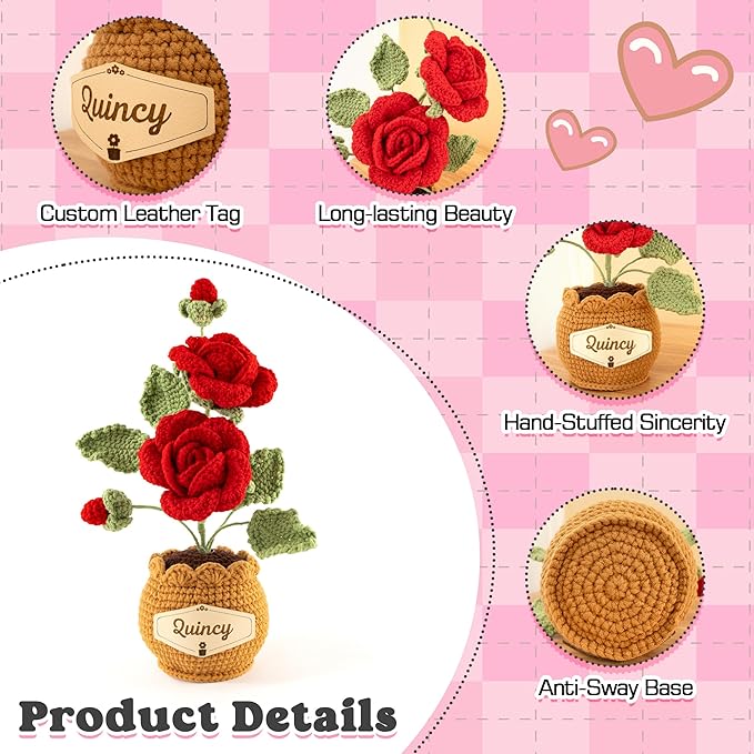 Crochet Flowers with Personalized Leather Name Tag Handmade Knitted Flowers for Home Office Desk Decor Crochet Rose Flower Potted Plant Crochet Gift for Women,Mom,Teacher, Birthday(Red)