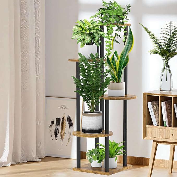5 Tier Wood Tall Plant Stand Metal Rack Indoor, Multiple Flower Pot Holder Shelves Corner Rack, Round Planter Shelf Display Rack Storage Organizer for Patio Living Room Balcony(Black+Brown)