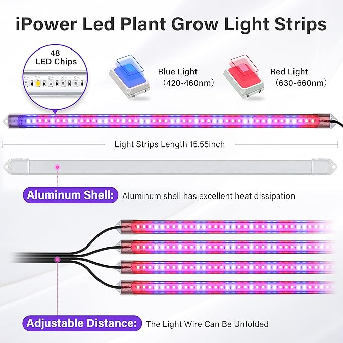 iPower 20W LED Plant Grow Light Strips Full Spectrum for Indoor Plants with Auto ON/Off 3/9/12H Timer, 10 Dimmable Levels 48 LEDs Per Tude, for Hydroponics Succulent, 4 Tubes*2, Red&Blue