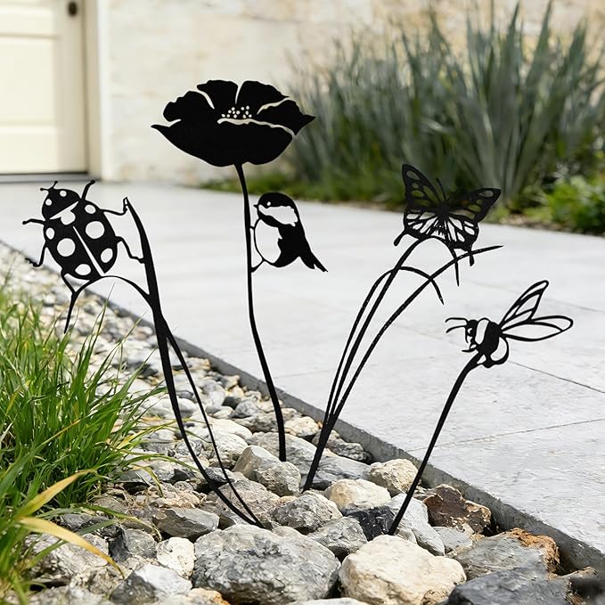 KODIBO 4-Pack Yard Stakes for Decorations, Black Metal Bird Bee Buttterfly Ladybug Silhouette Stakes, Weather-Resistant Garden Statues, Modern Yard Decor for Planters, Flower Bed, Patio & Lawn