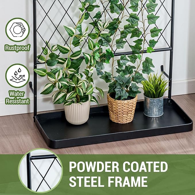 MyGift 4.5 ft Tall Garden Trellis Stand for Climbing Plants, Wall Mounted or Freestanding Black Metal Wire Diamond Lattice Plant Support Frame with Bottom Tray Planter Holder