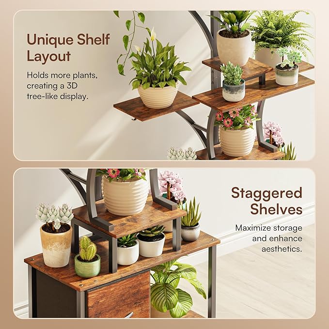 63" Plant Stand Indoor with Grow Lights, 10 Tiered Plant Shelf with Drawer, Corner Plant Stands for Indoor Plants, Metal Plant Flower Display Shelf, Tree-Shaped Plant Rack for Home, Black (1, Black)