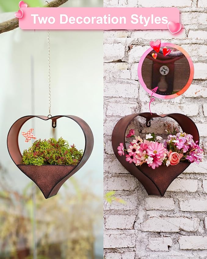 Metal Plant Hangers Indoor and Outdoor: Easter Gifts for Mom Women Her Wife Garden Lovers Birthday - Heart Shape Hanging Planters for Window Wall Living Room Office Decor(Rustic)