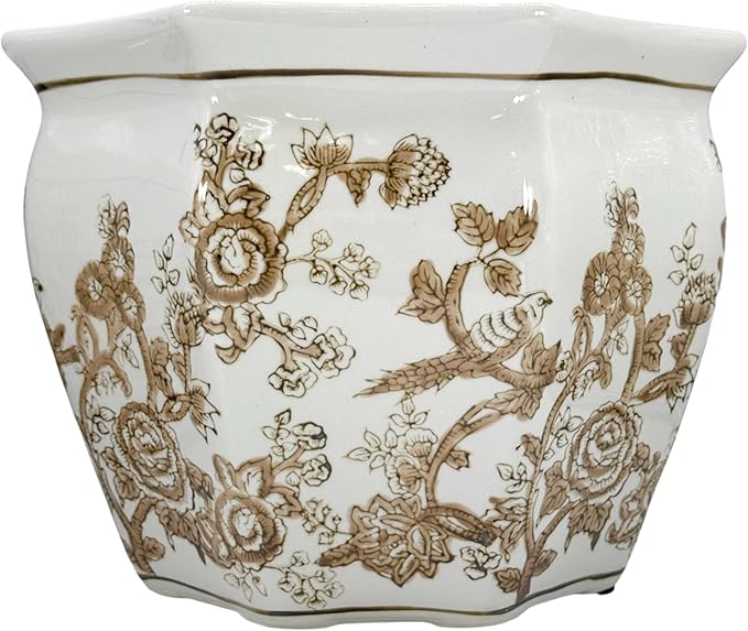 Galt International Brown & White Round Fluted Floral Porcelain Ceramic Plant Flower Planter Pot Set of 3 (7.5", 10", 13") Garden Pots Chinese Asian Design