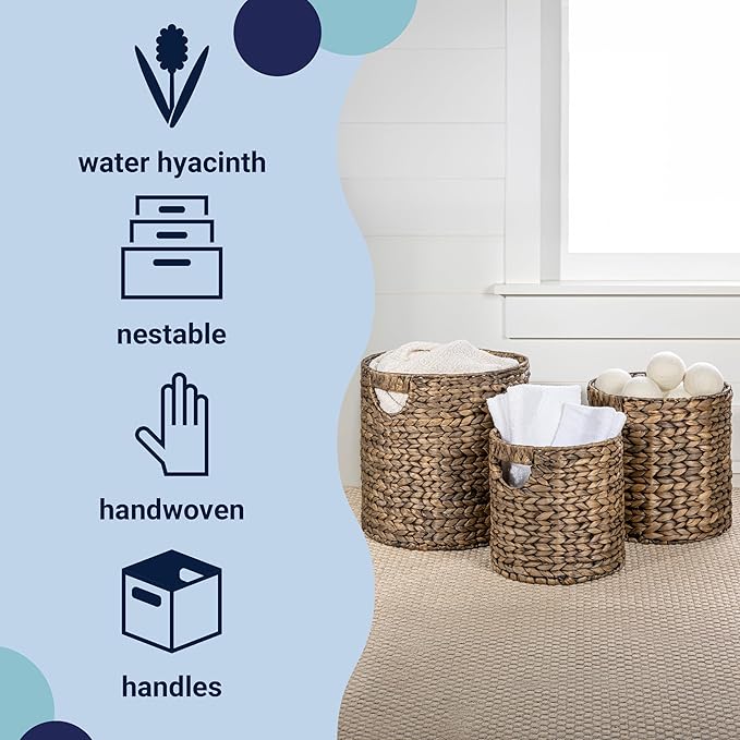happimess BSK2011B-3SET Avery Bohemian Cottage Handwoven Hyacinth Cylinder Nesting Wicker Storage Baskets with Handles, Brown (Set of 3), Seagrass Containers for Decoration in Living Room, Bedroom