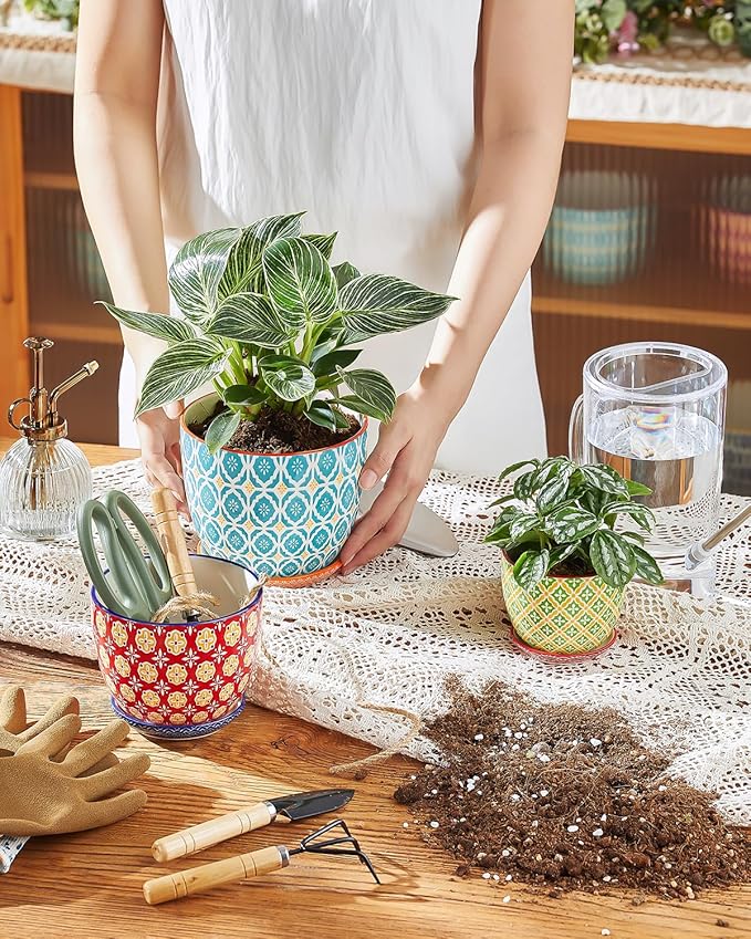 Metahom Ceramic Plant Pots, 3.8+4.9+5.8 Inch, Set of 3 Flower Pots with Drainage Hole & Saucer, Trio Planter Pots Set for House Plants, Home Decor, Vibrant Colors