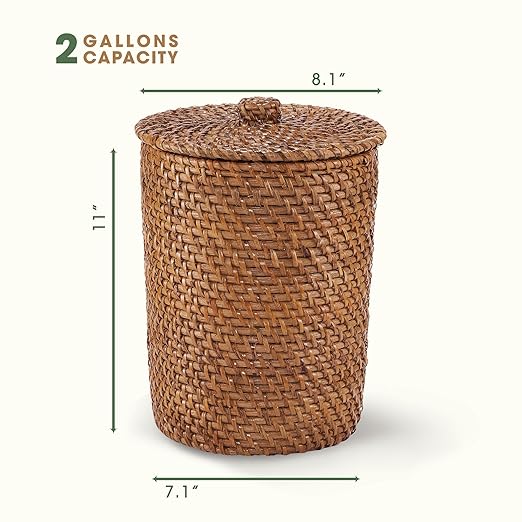 84ECO Brown Wicker Trash Can with Lid and Liner - Rattan Trash Can