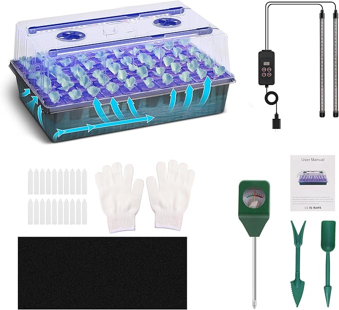 Indoor Seed Starting Kit with 60-Cell Self-Watering Tray, LED Grow Light, Timer, Humidity Dome, pH Meter for Plant Germination, Vegetables, Herbs, Flowers