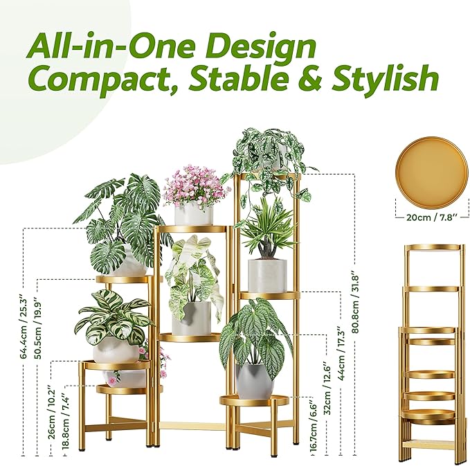 Gold Plant Stand, 8 Tiered Plant Stand Indoor for Multiple Large Planter, Tall Heavy Duty Adjustable Folding Rack with Rustproof 7.9 Inch Wide Tray, Corner Plant Shelf for Balcony - GoldDisk