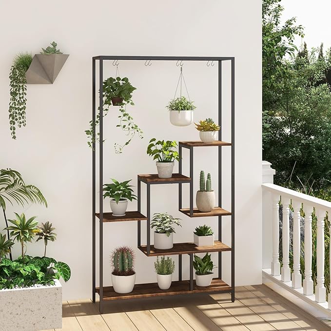 6-Tier Plant Stand Indoor, 70.9" Tall Plant Stand with 10 S Hanging Hooks, Metal Plant Shelf Corner Plant Stands for Indoor Plants, Garden, Balcony, Living Room (Brown)