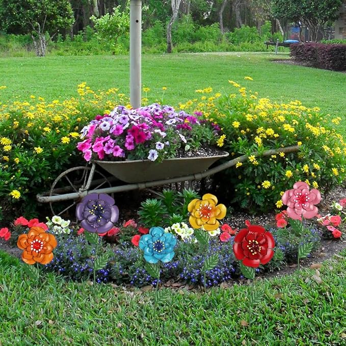 hogardeck Garden Decor for Outside, Set of 6 Metal Flowers Decorative Garden Stakes for Spring Decor, Yard Art Garden Decorations for Outdoor Lawn Porch Pathway Patio (Multi-Color)
