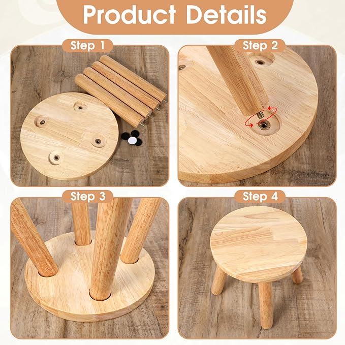 Natural Solid Wood Step Stool 9 Inch Short Sit Chair Portable Round Small Four Legged Wooden Sitting Stool for Adults Bathroom Classroom Bedroom Kitchen Plant Stand Decor, Detachable