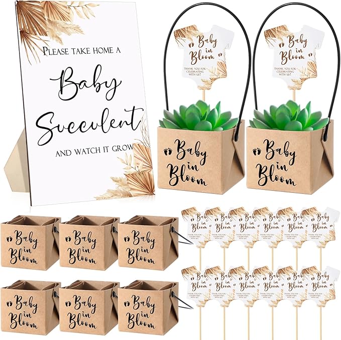 Geetery 101 Pcs Succulent Baby Shower Party Favors for Guests Include 1 Wooden Table Sign 50 Kraft Succulent Pots and 50 Tags for Baby Shower Party Gifts(Boho)