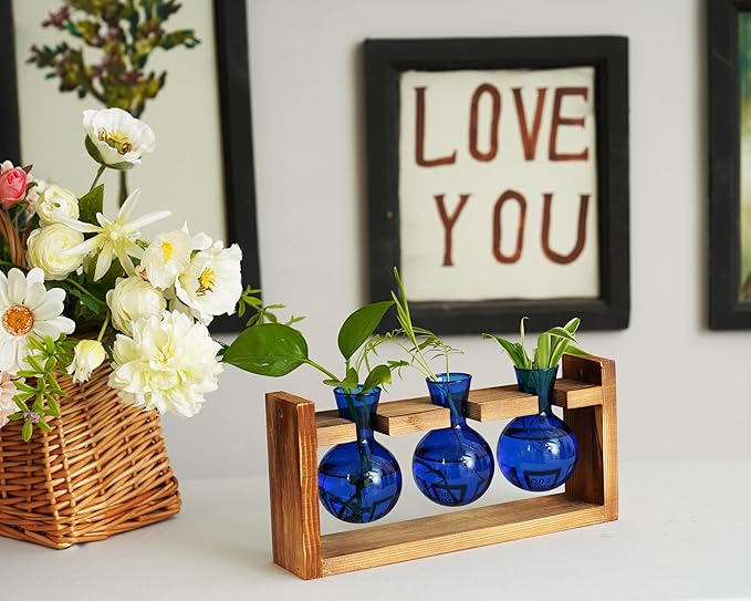 Kingbuy Glass Plant Terrarium Propagation Station - 3 Bulb Colored Vases with Retro Wood Stand Indoor Garden Planter - Wall Mounted & Desktop Decor for Home Kitchen Wedding, Gift for Plant Lover, Blue