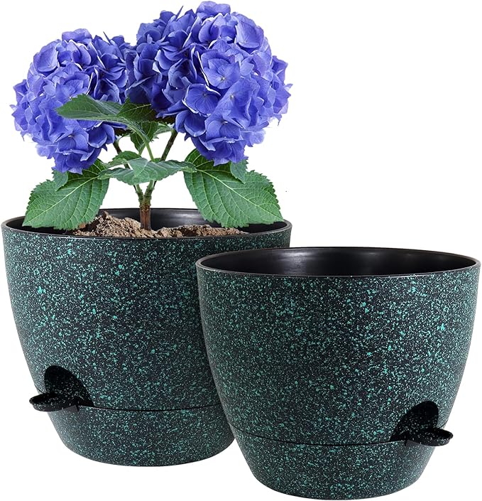 WSMKSZ 10 inch Self Watering Pots, Planter, Plant Pots with Mesh Drainage Holes for Indoor Outdoor House Plants and Garden, 2 Pack Plastic Flower Pots with Reservoir, Black with Green Speckles