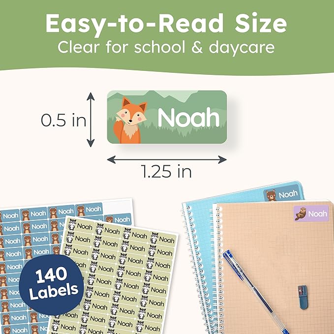 Personalized Name Labels for Kids (140 Labels) - Durable & Waterproof Custom Name Stickers for Clothing Tags, School Supplies, Camp & Daycare - Animal Forest (1.2”x0.5”)