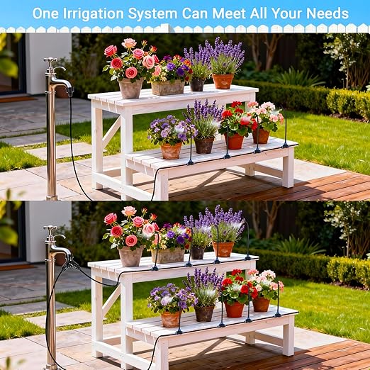 Thiswing 100FT 360° Adjustable Irrigation System for Garden – 1/4" Tubing with 18 Nozzles, Watering Misting System, Sprinkler for Garden, Raised Bed, Lawn, Plants