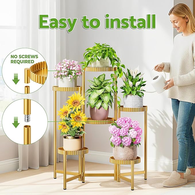 6 Tier Large Tiered Plant Stand Indoor, 7.9 Inch Wide Tall Corner Metal Plant Stands Outdoor for Multiple Plants, Folding Tall Flower Display Holder Rack Shelf for Patio Porch -GoldFloroma