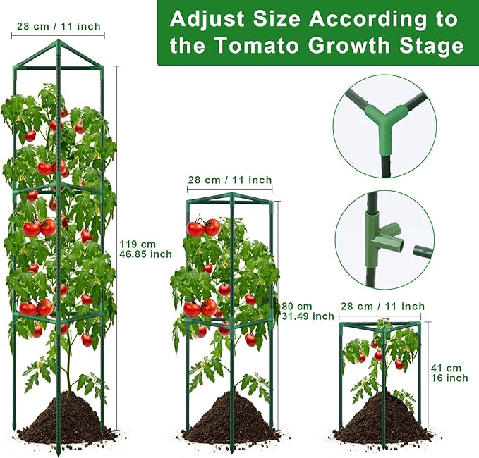 3 Pack Tomato Cages for Garden, 46.85Inches Tall Tomato Plant Support Stakes Adjustable Heavy Duty Steel Plant Tower Stakes, Updated Cucumber Trellis Garden Cages for Climbing Vegetable Flowers Fruits