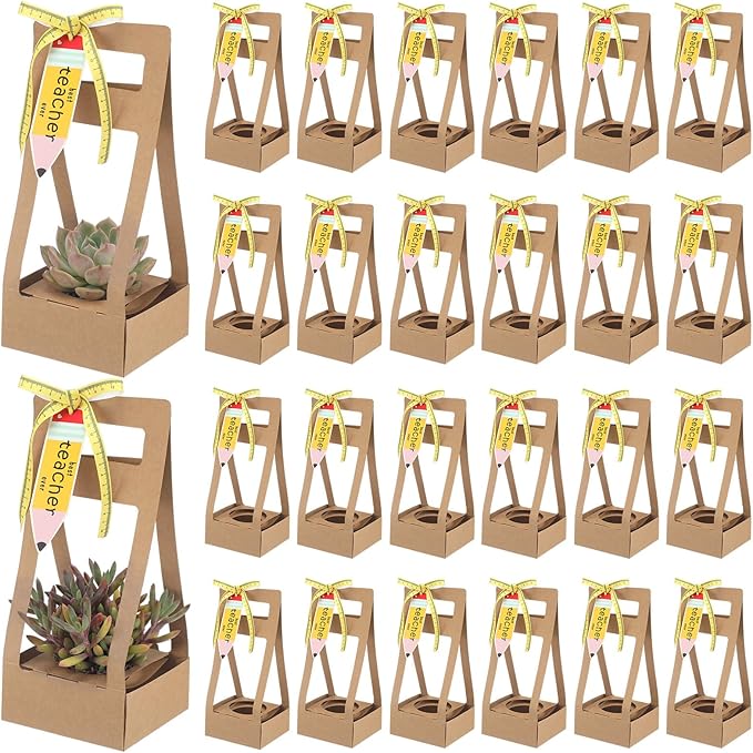 AmazingSpark 24 Pcs Teacher Appreciation Gift - Succulent Wrap Bags with Pencil Pattern Cards Bulk Kraft Paper Succulent Box for 2 Inch Pots for Teacher Graduation End of Year Gift