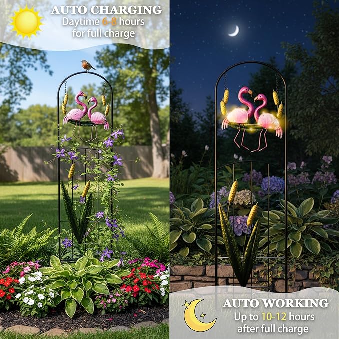 Solar Light Trellis for Climbing Plants Outdoor Made of Metal,Voumsil Flamingo Garden Trellis with Lights for Garden Decor,Court Yard,Balcony