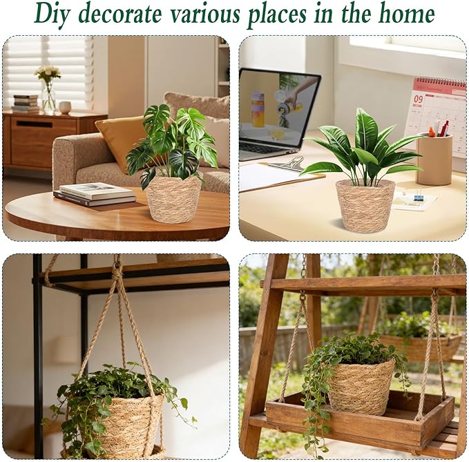 6 Pack Seagrass Planter Basket for Indoor Plants, 7 Inch Woven Plant Pot Cover with Leak-Proof Liner, Rustic Boho Flower Container for Home Decor, Organizing, and Concealing Nursery Pots