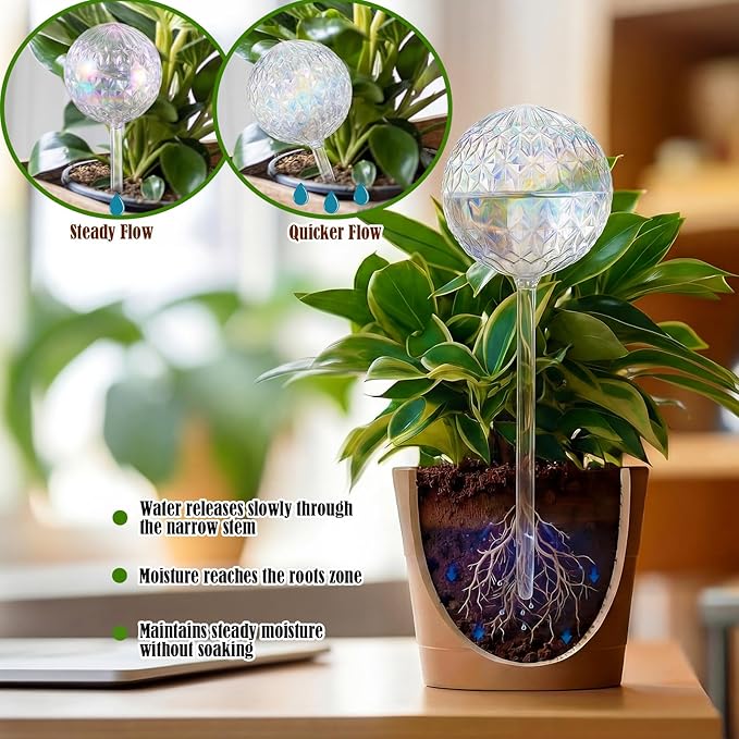 Thenshop 6 Pack 17 oz 2 Weeks Plant Watering Globes Large Self Watering Devices Iridescent Glass Bulbs with Complete Accessories Automatic Drip Irrigation for Patio Lawn Vacation Plant Slow Release