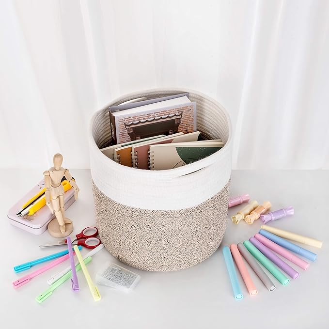 MINTWOOD Design 11 x 11 Inches Cotton Rope Basket for Flower Pot and Indoor Floor Planters, Decorative Round Woven Plant Pot Basket, Planter Covers, Small Dog Toy Storage Baskets, Light Brown