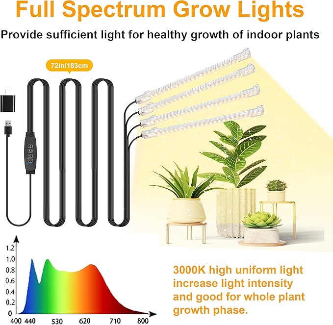 RWNTAO 8.6 Inches LED Plant Growing Light Strips, Full Spectrum 3000K Grow Light for Indoor Plants with 3/9/12H Timer, 10 Dimmable Levels for Seedling Succulent and Plant Shelf (4 Head×2pcs)