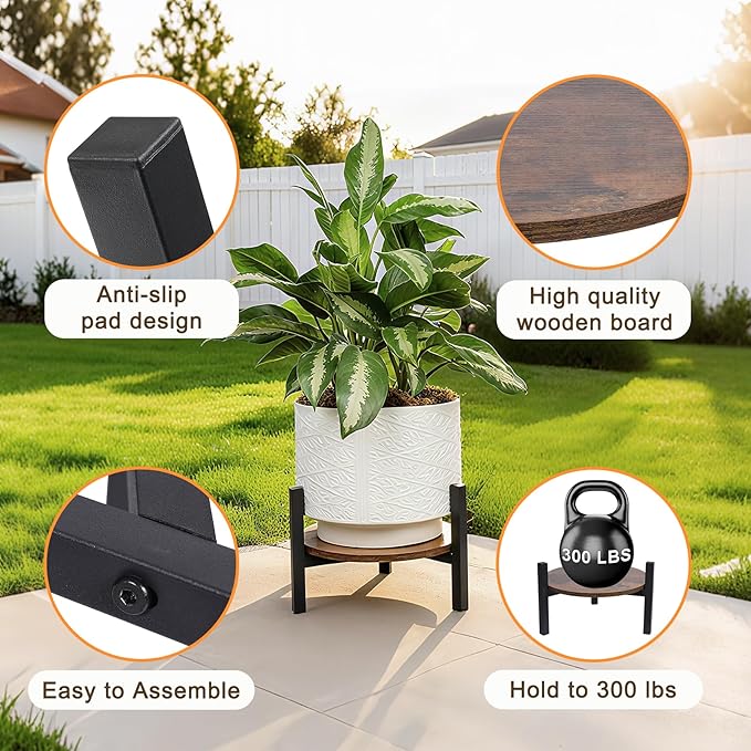Vigordream Plant Stand Indoor, Heavy Duty Sturdy Metal Wooden Plant Holder Stool, Low Short Single Flower Pot Stand Decoration Racks for Home, Patio &Garden (Dark Brown, Large (2pack))