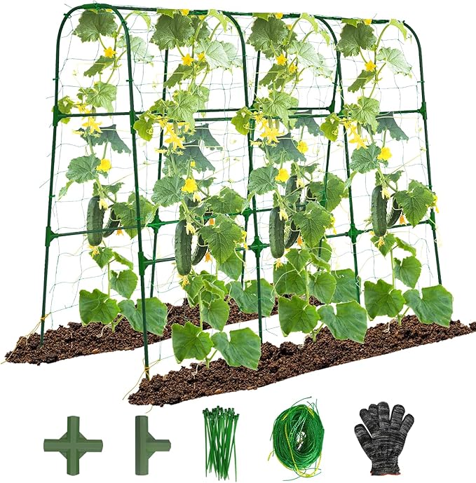OTOSUNNY Garden Trellis for Climbing Plants Outdoor, Cucumber Trellis for Raised Bed Garden, Arch Trellis Support for Cucumbers Tomatoes Beans Peas, 50x48 inch, Metal Trellis with Netting, Green