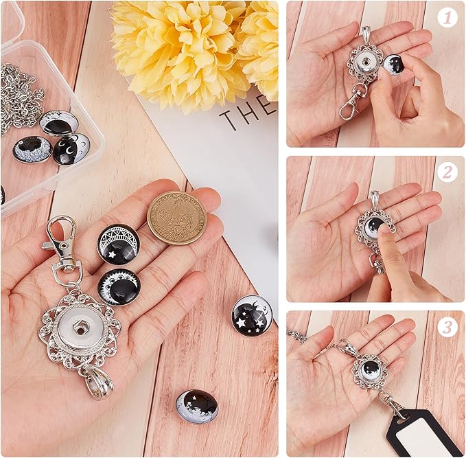 SUNNYCLUE 1 Box 12 Styles Snap Button Lanyard Moon Star Planet ID Badge Necklace Cute Gothic Style Black White Badges Holder Breakaway Stainless Steel Lanyard Chain for Holders Keys Men Women