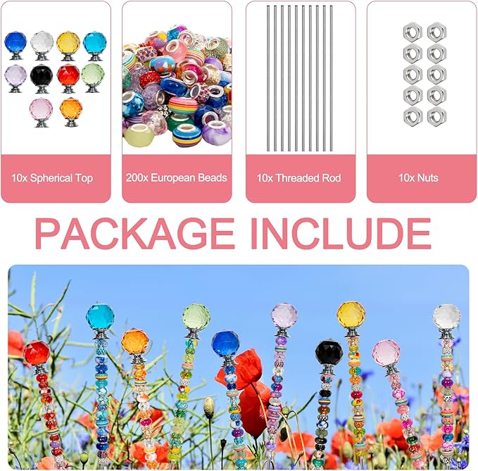 230 Pcs Beaded Garden Stakes Kit DIY Fairy Wands for Garden with 10 Colorful Crystal Stopper Top 200 Assortment Round Large Hole Bead for Outdoor Decor (10, Colorful Spherical)