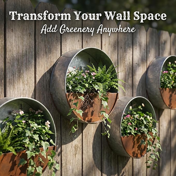 Topadorn Metal Flower Pot Hanging Planter Flower Pot Galvanized Metal Container Wall Pocket Garden Bucket for Indoor or Outdoor Balcony Patio, Round 8"